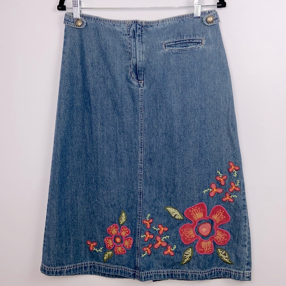 J Jill Embroidered Floral Velvet Applique Blue Denim Jean Midi Skirt Size 6
